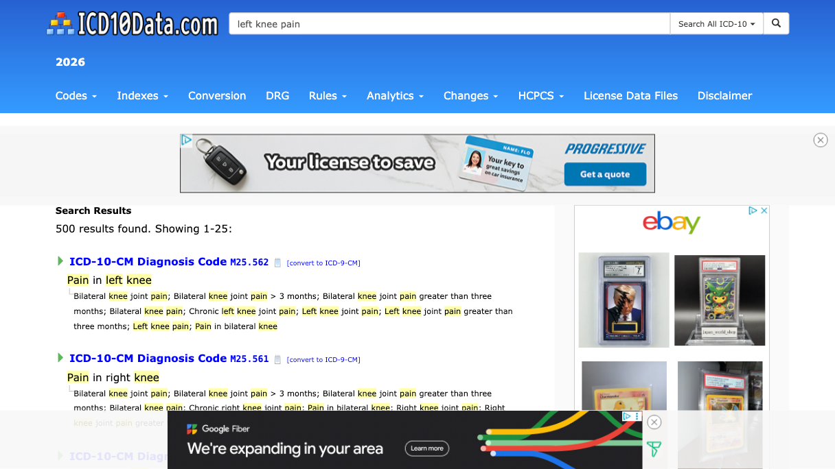 icd10data.com search results for ‘left knee pain’ — 500 results, multiple ads, dense synonym lists